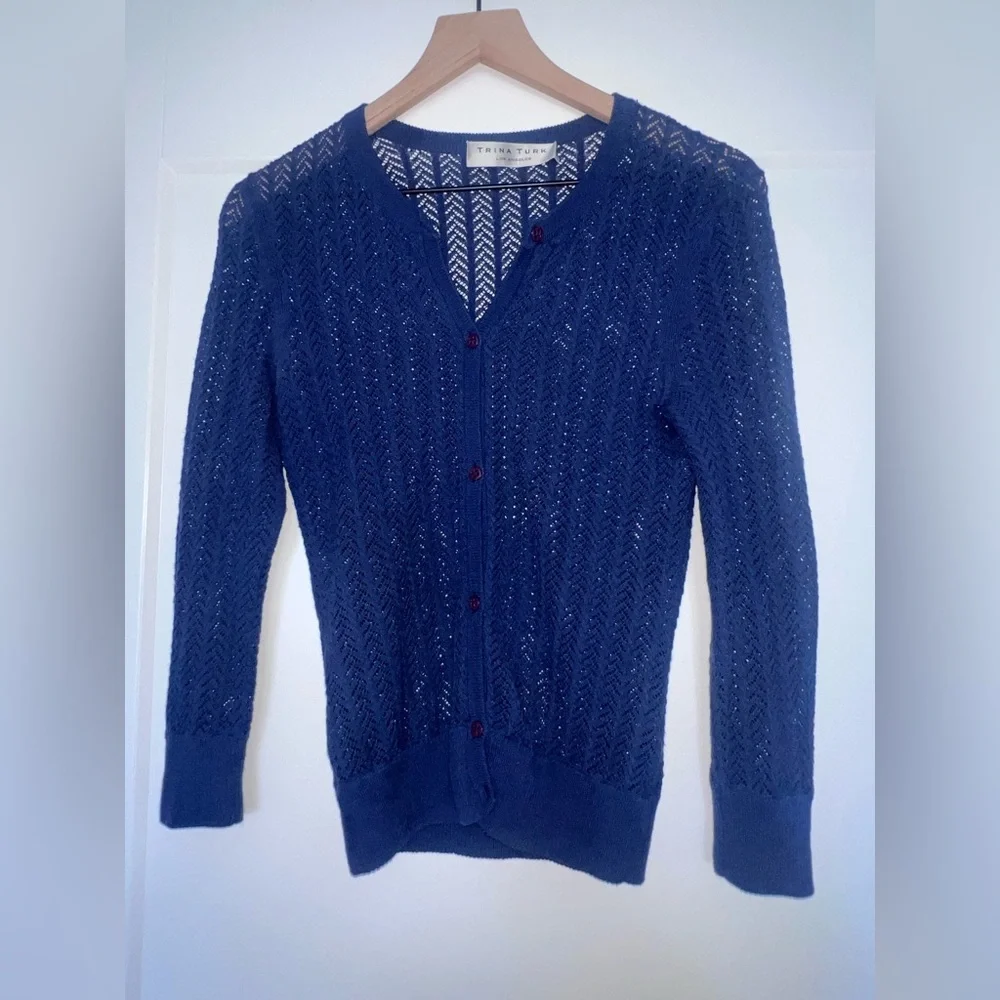 TRINA TURK blue herringbone open weave cotton/nylon cardigan, size small